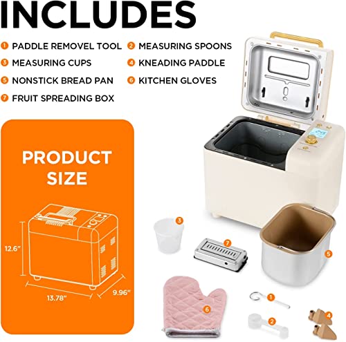  Bread Maker Machine, 15-in-1 2LB Automatic Breadmaker With Gluten Free Sourdough Setting, Auto Nut Dispenser, Digital, 1 Hour Keep Warm, 2 Loaf Sizes, 3 Crust Colors - Receipe Booked Included