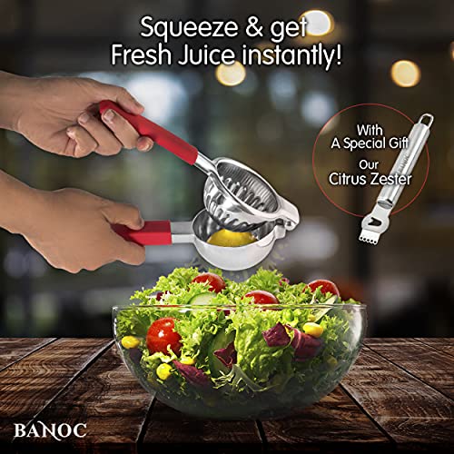  Ed Citrus Press - Stainless Steel Manual Press Heavy Duty Lime , Lemon & Citrus Squeezer – Extra-Large Lime Press For Lemons And Oranges - Gift Of Lemon Zest Grater Included (Red)