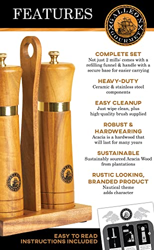  Wooden Salt And Pepper Grinder Set: Easy-Carry Stand, Refilling Funnel And Cleaning Brush: 8 Inch Acacia Wood Salt And Pepper Mills