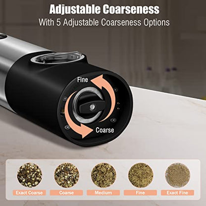  Electric Salt And Pepper Grinder Set With Rechargeable Base, One Hand Operation Automatic Salt And Pepper Grinder Set - White Light - Adjustable Coarseness Pepper Mill Grinders