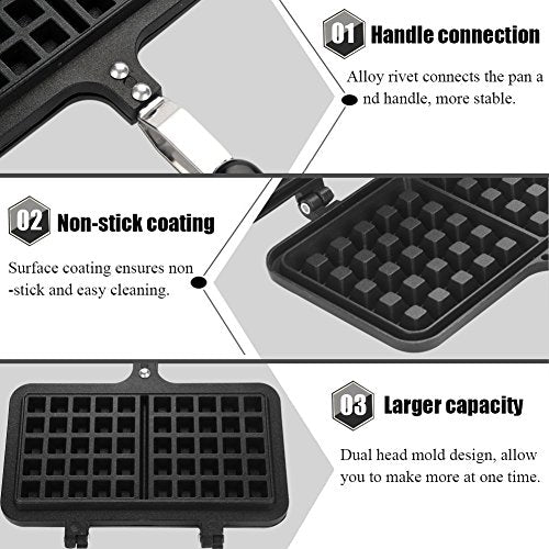  Black Aluminum Alloy Dual Head Waffle Baking Mold Non-Stick Waffle Baking Pan Mold Press Plate For Home Kitchen
