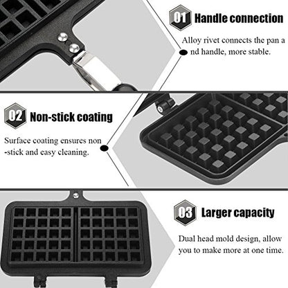  Black Aluminum Alloy Dual Head Waffle Baking Mold Non-Stick Waffle Baking Pan Mold Press Plate For Home Kitchen
