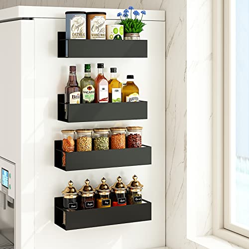  REALINN Magnetic Spice Rack Organizer, [4 Pack] Moveable Fridge Spice Shelves, Space Saver For Refrigerator And Microwave Oven, Metal Refrigerator Shelf, Black