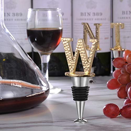  Initial Letter Wine Stopper, Monogram Hammered Metal, Perfect Wine Gift, Elegance Meets Utility, Wide Used In Kitchen Decor, Bar, Wedding Party, Gold Finish, Letter (A To Z) W