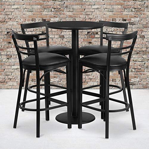  Jamie 24'' Round Walnut Laminate Table Set With Round Base And 4 Two-Slat Ladder Back Metal Barstools - Black Vinyl Seat