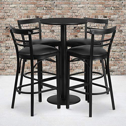  Jamie 24'' Round Walnut Laminate Table Set With Round Base And 4 Two-Slat Ladder Back Metal Barstools - Black Vinyl Seat