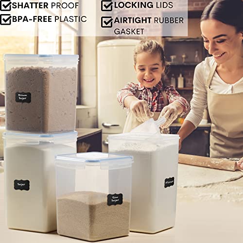  XXL 6.5L / 250 Oz X 2 & XL 5.2L / 175 Oz X 2 - WIDE & DEEP Food Storage Airtight Containers [Set Of 4] + Free 4 Measuring Cups + Labels - Ideal For Sugar, Flour Leakproof BPA Free Clear Plastic