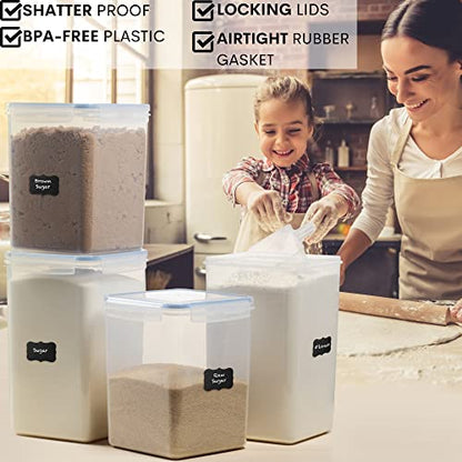  XXL 6.5L / 250 Oz X 2 & XL 5.2L / 175 Oz X 2 - WIDE & DEEP Food Storage Airtight Containers [Set Of 4] + Free 4 Measuring Cups + Labels - Ideal For Sugar, Flour Leakproof BPA Free Clear Plastic