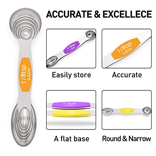  Magnetic Measuring Spoons Set - Wildone Stainless Steel Double Sided Measuring Spoons Set Of 7, For Dry And Liquid Ingredients, Including 6 Heavy Duty Nesting Spoons, 1 Leveler, Fits In Spice Jar