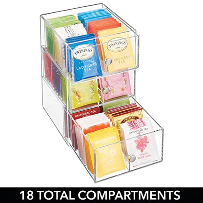  MDesign Plastic Wide Kitchen Pantry, Cabinet, Countertop Organizer Storage Station With 3 Drawers For Coffee, Tea, Sugar Packets, Sweeteners, Creamers, Drink Pods, Packets; 18 Sections - Clear