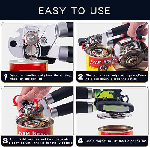  Can Opener Manual With Magnet,Hand Held Can Opener Smooth Edge,Strong Good Grips Safety Can Opener Heavy Duty For Safe Cut,Handheld Manual Can Opener With Sharp Cutting Wheel,Black