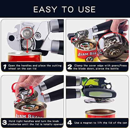  Can Opener Manual With Magnet,Hand Held Can Opener Smooth Edge,Strong Good Grips Safety Can Opener Heavy Duty For Safe Cut,Handheld Manual Can Opener With Sharp Cutting Wheel,Black