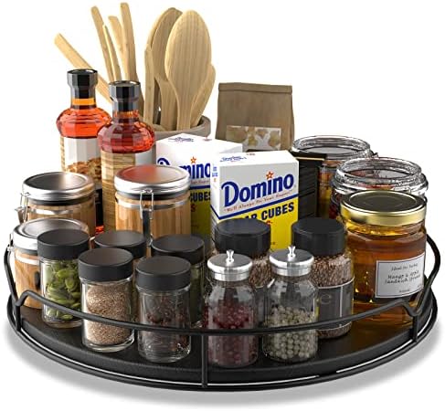  Lazy Susan Turntable Organizer For Cabinet Pantry Kitchen Countertop Refrigerator Cupboard, Pine Wood, 9", Carbonized Black