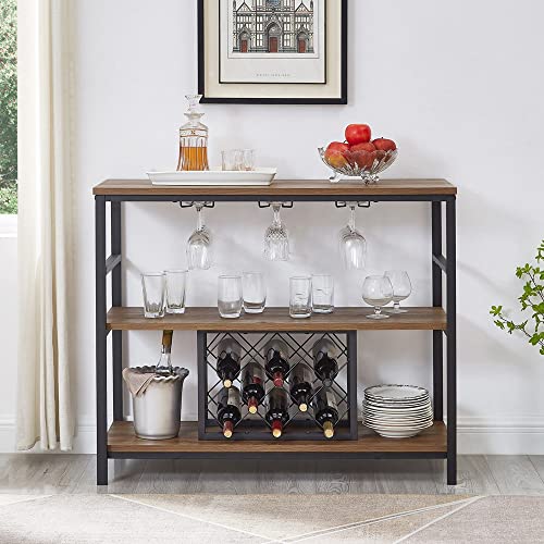  Wine Rack Table With Glass Holder And Wine Storage, Industrial Rustic Wood And Metal Bar Buffet Cabinet, Oak