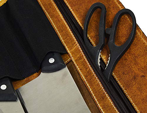  Aron Leather Goods Vendimia Estilo Leather Knife Roll Storage Bag, Elastic And Expandable 10 Pockets, Adjustable/Detachable Shoulder Strap, Travel-Friendly Chef Knife Case Roll (Caramel, Leather)