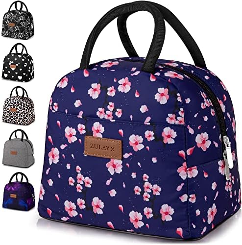  Insulated Lunch Box For Women - Tote Lunch Bag Women Insulated With Soft Padded Handles - Cute Lunch Bags For Women, Teens, Men - Ideal For Work, School, Picnics (Blue With Pink Flowers)