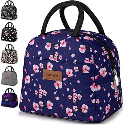  Insulated Lunch Box For Women - Tote Lunch Bag Women Insulated With Soft Padded Handles - Cute Lunch Bags For Women, Teens, Men - Ideal For Work, School, Picnics (Blue With Pink Flowers)