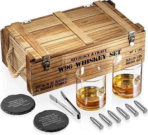  Whiskey Stones Gift Set For Men | Whiskey Glass And Stones Set With Wooden Army Crate, 8 Granite Whiskey Rocks Chilling Stones And 10oz Whiskey Glasses | Whiskey Gift For Men, Dad, Husband, Boyfriend