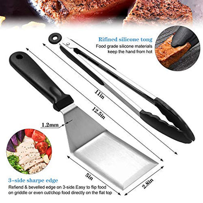  Flat Top Griddle Accessories Set For Blackstone And Camp Chef, Professional Grill Spatula Set With Burger Spatulas Scraper, BBQ Tool Griddle Utensils Kit For Men Outdoor Flattop Grills Cooking (Black)