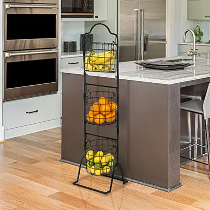  Sorbus 3-Tier Wire Market Basket Stand For Fruit, Vegetables, Toiletries, Household Items, And More, Stylish Tiered Serving Stand Baskets For Kitchen, Bathroom Storage Organization (Black)