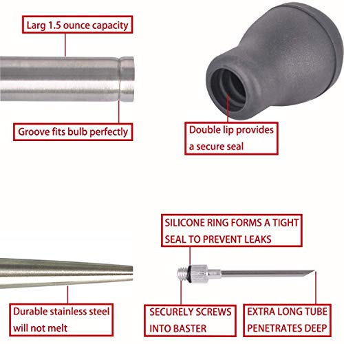  Home Servz Deluxe 304 Stainless Steel Turkey Baster Syringe Injector Needle With Cleaning Brush & Heavy Duty 12 Inch Stainless Steel Handle Silicone BBQ Basting Brush