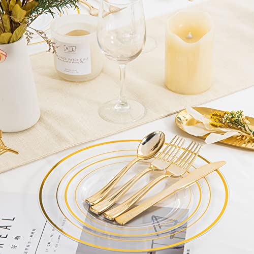  I00000 96 Pcs Plastic Gold Plates, Gold Disposable Plates Includes: 48 Dinner Plates 10.25" And 48 Dessert Plates 7.5 ", Premium Clear Plate Prefect For Wedding, Clear Gold Plates And Salad For Party