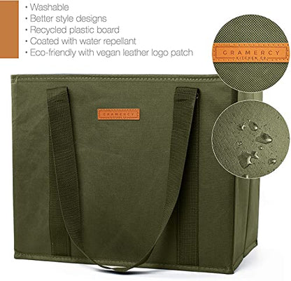  Gramercy Kitchen Reusable Grocery Bags, Reusable Shopping Bags, Tote Bags Bulk, Utility Tote, Bulk Tote Bags - Washable (Army Green, Set Of 4)