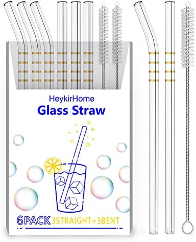  6-Pack Reusable Glass Straw-Transparent,Size 8''x10 MM,Including 3 Straight And 3 Bent With 2 Cleaning Brush- Perfect For Smoothies, Tea, Juice-Clear
