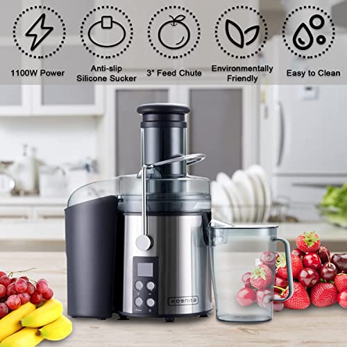  Kognita Centrifugal Juicer Machines，Juicer Machine For Vegetable And Fruit, 1100W Juice Extractor With 3’’ Feed Chute, Pulp Collector, 4-Speed Setting And LCD Monitor - Stainless-Steel, Brush Included