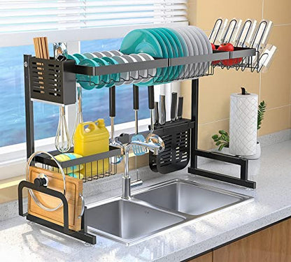  Upgrade Over The Sink Dish Drying Rack Adjustable (33.5"-40"), Stainless Steel Length Expandable Kitchen Drainer, 2 Tier Countertop Organizer Supplies Storage Shelf Display Utensil Hooks Space Saver