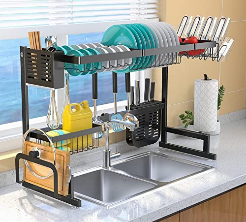  Upgrade Over The Sink Dish Drying Rack Adjustable (33.5"-40"), Stainless Steel Length Expandable Kitchen Drainer, 2 Tier Countertop Organizer Supplies Storage Shelf Display Utensil Hooks Space Saver
