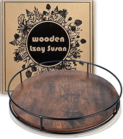  12" Acacia Wood Lazy Susan Turntable, Tomoaza Kitchen Organizer Turntable With Steel Sides, 360 Degree Turntable For Countertop Cabinet Or Dining Table(Black)