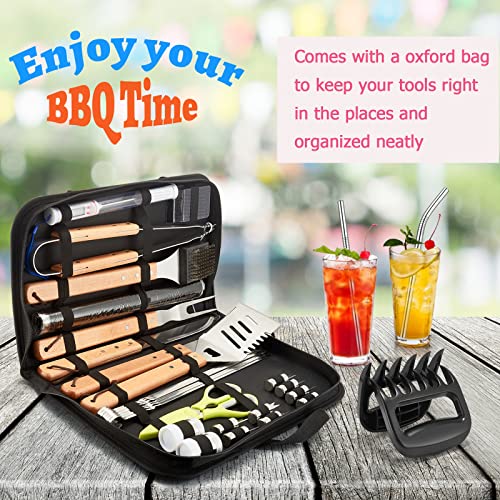  Grill BBQ Accessories 34Pcs, Stainless Steel Grill Tools Set With Oxford Case, Great Gift For Men Women Backyard Barbecue Outdoor Camping, Include Spatula, Tong, Fork, Brush, Meat Claw, Straw