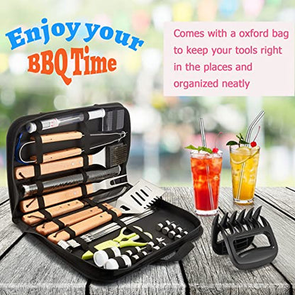  Grill BBQ Accessories 34Pcs, Stainless Steel Grill Tools Set With Oxford Case, Great Gift For Men Women Backyard Barbecue Outdoor Camping, Include Spatula, Tong, Fork, Brush, Meat Claw, Straw