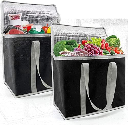  BeeGreen 2 Packs Black Insulated Grocery Bags Collapsible Shopping Cooler Thermal Tote With Zipper For Hot Cold Frozen Food Transport X-Large 60LBS Reusable Durable Long Handles Stands Upright