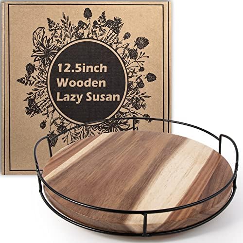  12" Acacia Wood Lazy Susan Turntable, Tomoaza Kitchen Organizer Turntable With Steel Sides, 360 Degree Turntable For Countertop Cabinet Or Dining Table(Black)