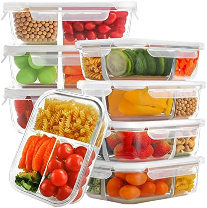  8 Pack Glass Meal Prep Containers 3 Compartment, Glass Food Storage Containers With Lids, Airtight Glass Lunch Bento Boxes, BPA-Free & Leak Proof (8 Lids & 8 Containers) - Grey