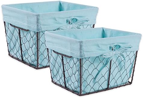  Farmhouse Chicken Wire Storage Baskets With Liner, Medium, Antique French Blue Gingham Check, 11x7.88x7", 2 Piece