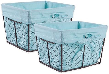  Farmhouse Chicken Wire Storage Baskets With Liner, Medium, Antique French Blue Gingham Check, 11x7.88x7", 2 Piece