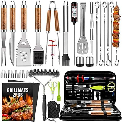  34Pcs Grill Accessories Grilling Gifts For Men, 16 Inches Heavy Duty BBQ Accessories, Stainless Steel Grill Tools With Thermometer, Grill Mats For Backyard, BBQ Gifts Set For Men Women