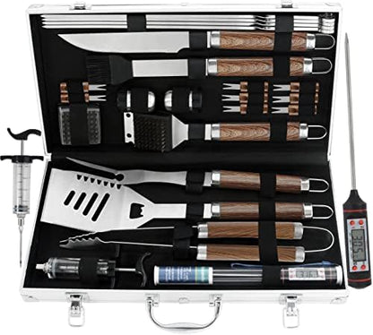  Grilljoy 24PCS BBQ Grill Tools Set With Meat Thermometer And Injector - Extra Thick Stainless Steel Fork, Spatula& Tongs - Complete BBQ Accessories In Aluminum Case - Perfect Grill Gifts For Men