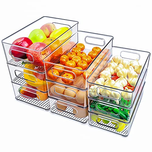  Lachesis Stackable Refrigerator Organizer Bins, Fridge Clear Bins With Handles Kitchen Organizer Fruit Container For Freezer, Pantry, Cabinets, Drawer, Shelves, Plastic Storage Bins 9 Pack