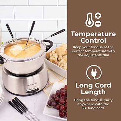  Nostalgia 6-Cup Stainless Steel Electric Fondue Pot Set With Temperature Control, 6 Color-Coded Forks, And Removable Pot - Fondue Pot For Chocolate, Candy Melts, Caramel, Cheese, Sauces, And More