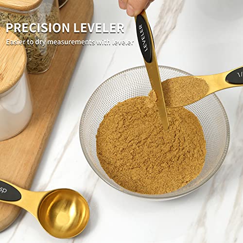  Magnetic Measuring Spoons Set, Stainless Steel, Dual Sided, Stackable, Dual Sided For Measuring Dry And Liquid Ingredients, Fits In Spice Jars, Set Of 8（Gold ）