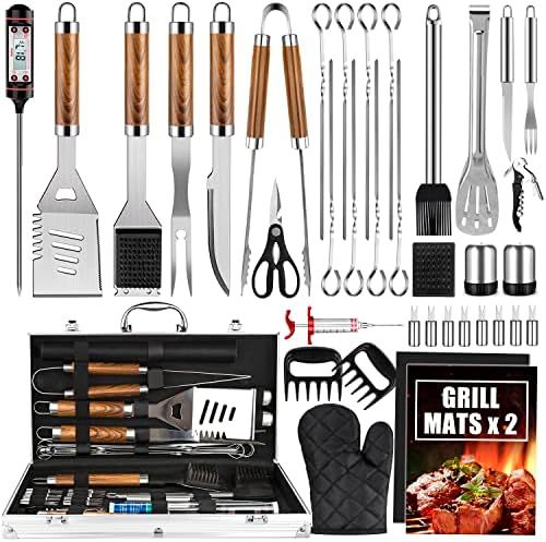 BBQ Grill Accessories Set, 38Pcs Stainless Steel Grill Tools Grilling Accessories With Aluminum Case, Thermometer, Grill Mats For Camping/Backyard Barbecue, Grill Utensils Set For Men Women