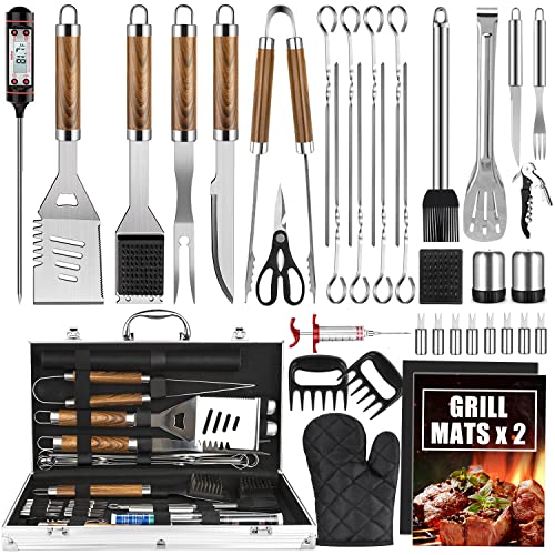  BBQ Grill Accessories Set, 38Pcs Stainless Steel Grill Tools Grilling Accessories With Aluminum Case, Thermometer, Grill Mats For Camping/Backyard Barbecue, Grill Utensils Set For Men Women