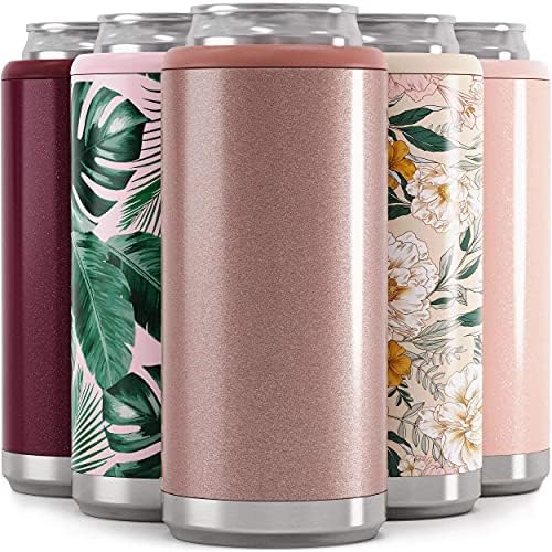  Skinny Can Cooler For Slim Beer & Hard Seltzer | Stainless Steel 12oz Sleeve, Double Wall Vacuum Insulated Drink Holder - Glitter Lilac
