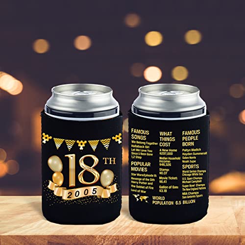  Tartness 18th Birthday Can Cooler Sleeves Pack Of 12-18th Anniversary Decorations- 2005 Decorate Sign - 18th Birthday Party Supplies - Black And Gold The Eighteenth Birthday Cup Coolers
