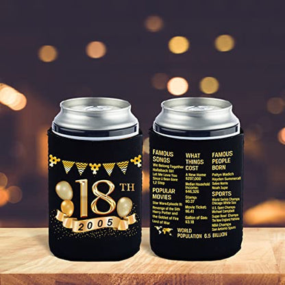  Tartness 18th Birthday Can Cooler Sleeves Pack Of 12-18th Anniversary Decorations- 2005 Decorate Sign - 18th Birthday Party Supplies - Black And Gold The Eighteenth Birthday Cup Coolers