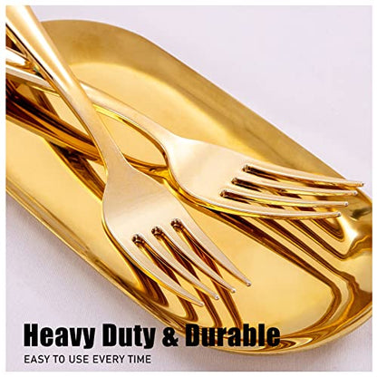  180 Pieces Disposable Plastic Gold Silverware Cutlery - Plastic Flatware Set 60 Forks, 60 Knives And 60 Spoons - Heavy Duty Gold Plastic Cutlery - Gold Utensils For Party, Wedding,Birthday